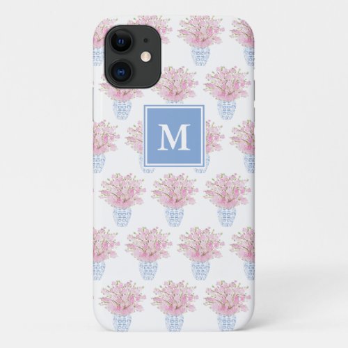 Preppy Monogram Pink Florals Blue White Ginger Jar iPhone 11 Case - Handpainted cherry blossom stems in a Ginger Jar vase, originally  painted in watercolors before being scanned and turned into digital form. The design is topped with a blue / white monogram.