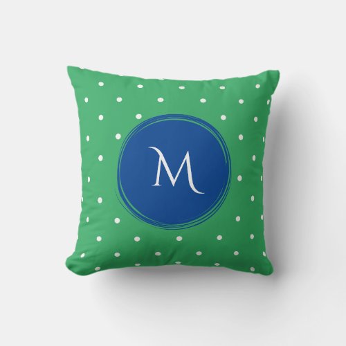 Preppy Monogram Polka Dots Blue Green Throw Pillow