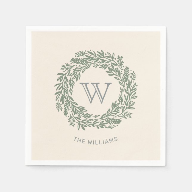 Preppy Monogram Sage Green Wreath Napkins (Front)