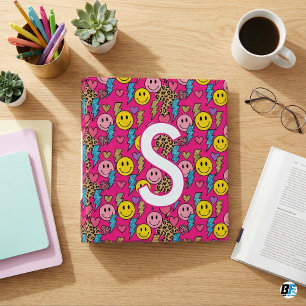 Preppy Monogram Smiley Face Lightning Bolt Cheetah 3 Ring Binder