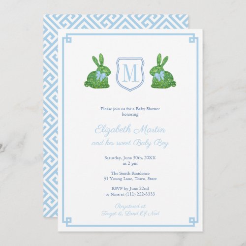 Preppy Monogram Some Bunny Boy Baby Shower Party I Invitation - This smart baby shower invitation design features a single letter monogram flanked by two bunny rabbits in Boxwood topiary adorned with floppy blue bows. Watercolor elements were painted by me onto 100% cotton paper and scanned into digital form. The crest shape is by another artist. Please note you can change the color of the Greek Key border on the front and the pattern on the back (both currently a pale blue) by changing the background color on each side. This can be done inside the design tool (underneath the text customization boxes, please click to access the design tool).