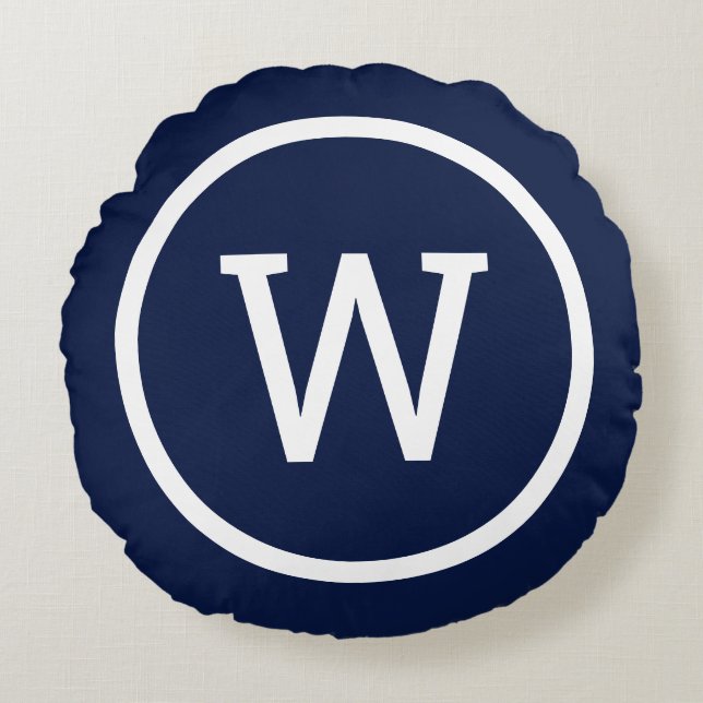 Preppy Monogram Stylish Modern Navy Blue Round Pillow (Front)