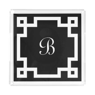 Preppy Monogram White Greek Key Border Black Acrylic Tray