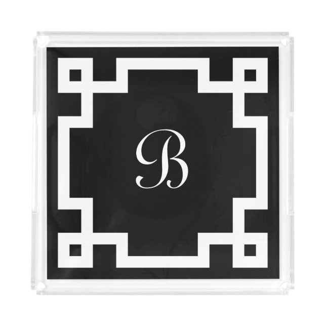 Preppy Monogram White Greek Key Border Black Acrylic Tray (Front)