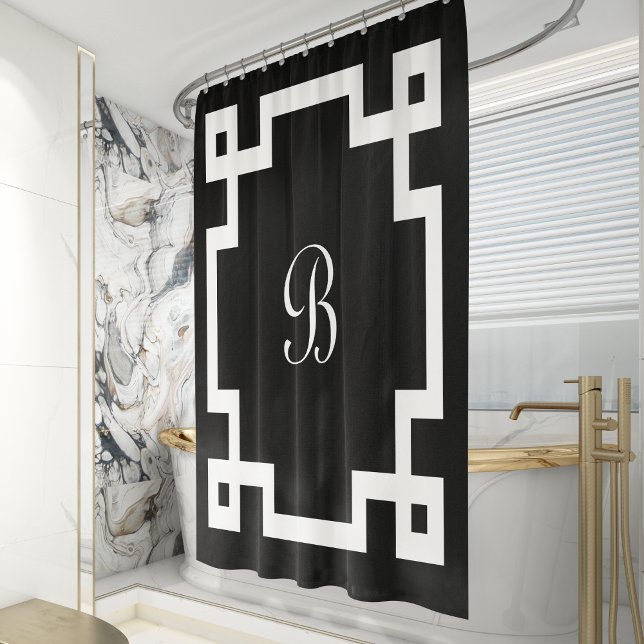 Preppy Monogram White Greek Key Border Black Shower Curtain (Creator Uploaded)