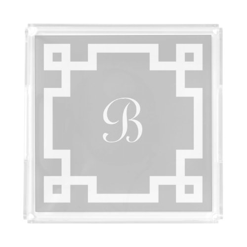 Preppy Monogram White Greek Key Border Gray Acrylic Tray