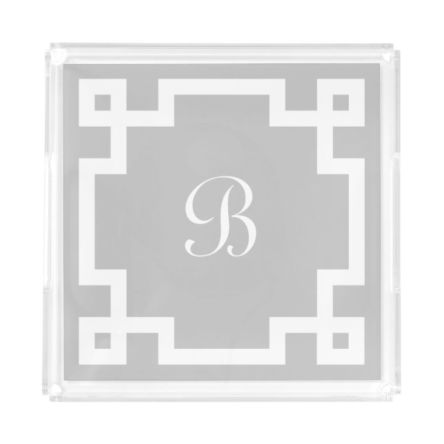 Preppy Monogram White Greek Key Border Gray Acrylic Tray (Front)