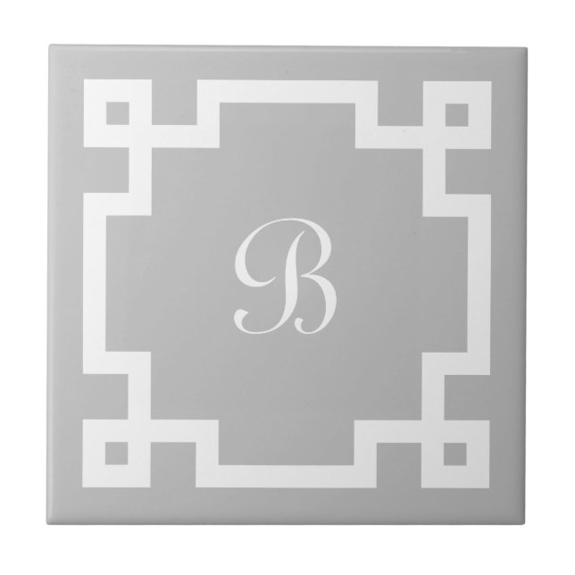 Preppy Monogram White Greek Key Border Gray Ceramic Tile (Front)