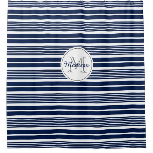 Preppy Monogrammed Navy Blue and White Striped Shower Curtain