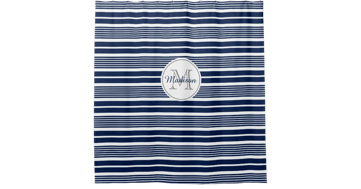 Preppy Monogrammed Navy Blue And White Striped Shower Curtain Zazzle Com