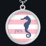 Preppy Monogrammed Seahorse Silver Plated Necklace<br><div class="desc">Stylish design features a seahorse shape or silhouette on wide stripes and can be personalized with your monogram,  initials,  name,  or any text of your choice.</div>