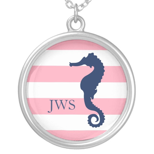 Preppy Monogrammed Seahorse Silver Plated Necklace (Front)