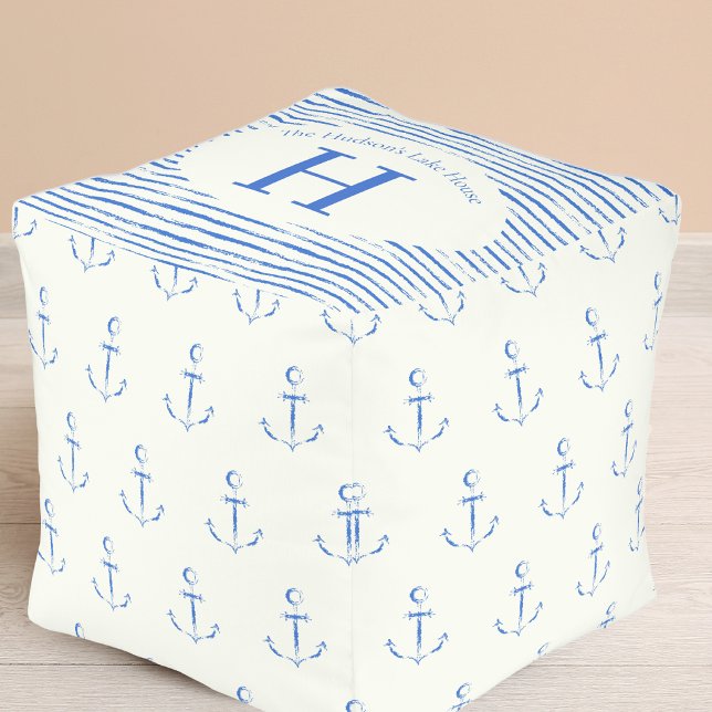 Preppy Nautic Anchor Lake house Cube Pouf (Creator Uploaded)