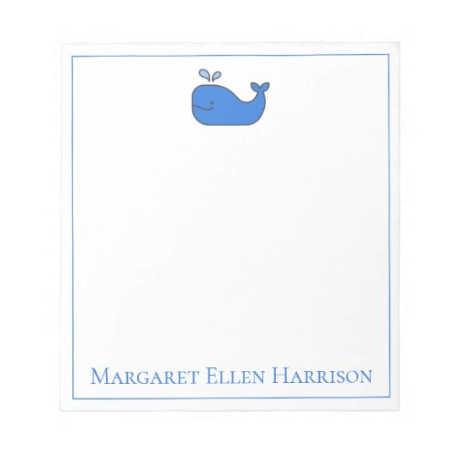 Preppy Nautical Blue and White Whale Personalized Notepad