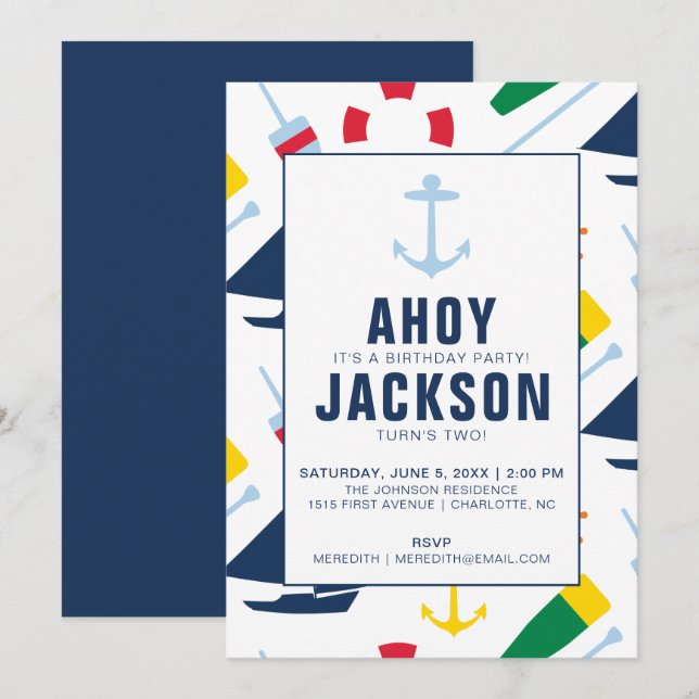 Preppy Nautical Children's Birthday Party Boy Invitation (Front/Back)
