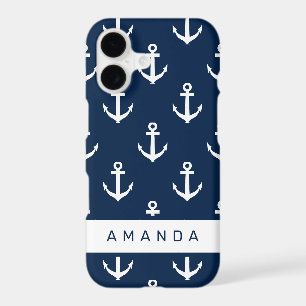 Preppy nautical navy blue anchor pattern custom iPhone 17 case