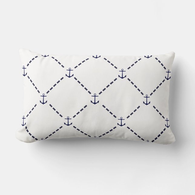 Preppy Nautical Navy Dashes & Anchors Lumbar Pillow (Front)