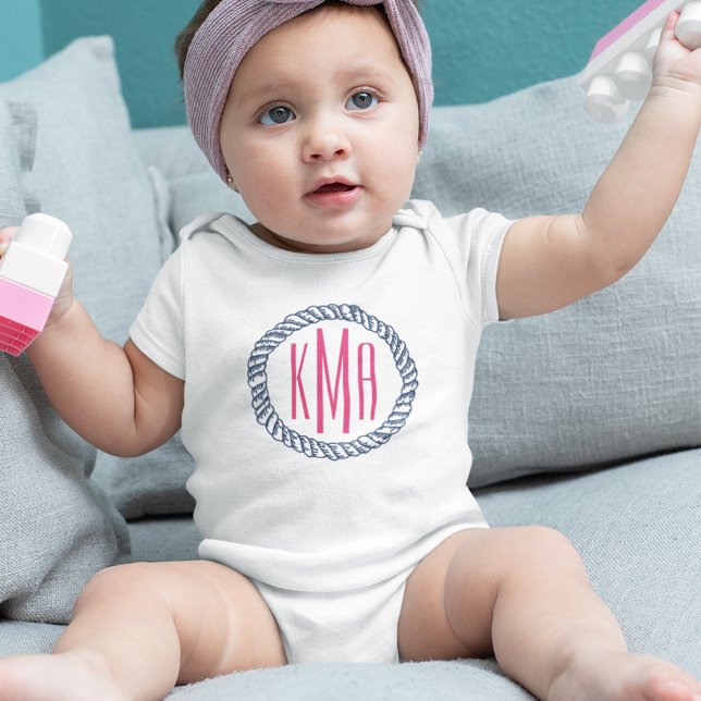 Preppy Nautical Navy & Pink Rope Monogram Baby Baby Bodysuit (Creator Uploaded)