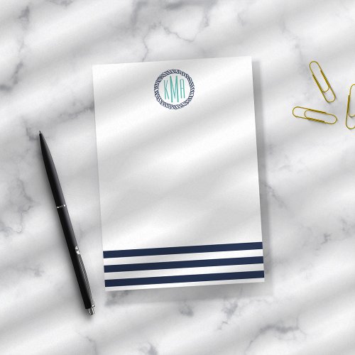 Preppy Nautical Navy Stripe  Aqua Monogram Post_it Notes