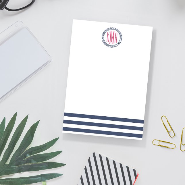Preppy Nautical Navy Stripe & Pink Monogram Post-it Notes (Creator Uploaded)