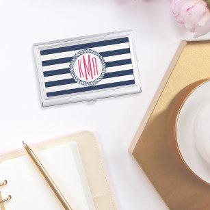 Preppy Nautical Navy & White Stripe Pink Monogram Case For Business Cards