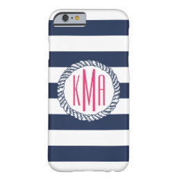 Preppy Nautical Navy &amp; White Stripe Pink Monogram Barely There iPhone 6 Case