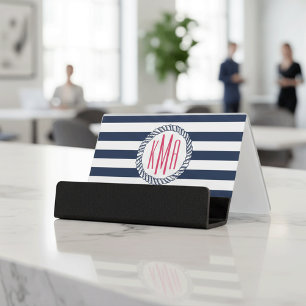 Preppy Nautical Navy & White Stripe Pink Monogram Desk Business Card Holder