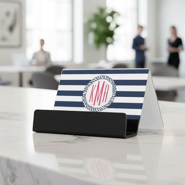 Preppy Nautical Navy & White Stripe Pink Monogram Desk Business Card Holder (Creator Uploaded)