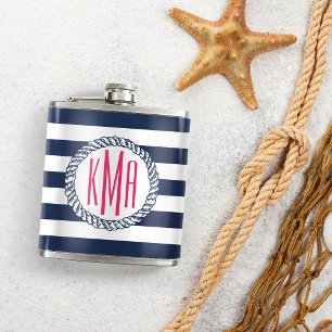 Preppy Nautical Navy & White Stripe Pink Monogram Flask