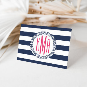 Preppy Nautical Navy & White Stripe Pink Monogram Note Card