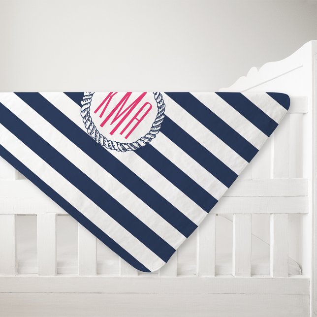Preppy Nautical Navy & White Stripe Pink Monogram Swaddle Blanket (Creator Uploaded)