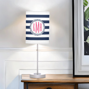 Preppy Nautical Navy & White Stripe Pink Monogram Table Lamp