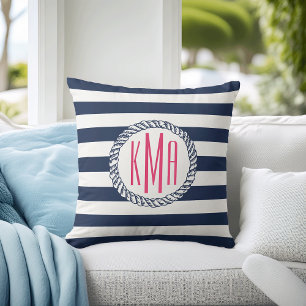 Preppy Nautical Navy & White Stripe Pink Monogram Throw Pillow