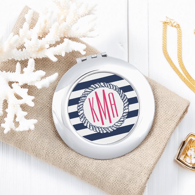 Preppy Nautical Navy & White Stripe Pink Monogram Vanity Mirror (Creator Uploaded)