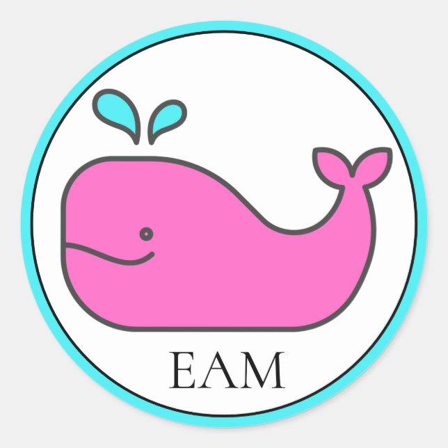 Preppy Nautical Pink and Aqua Whale Monogram Classic Round Sticker (Front)