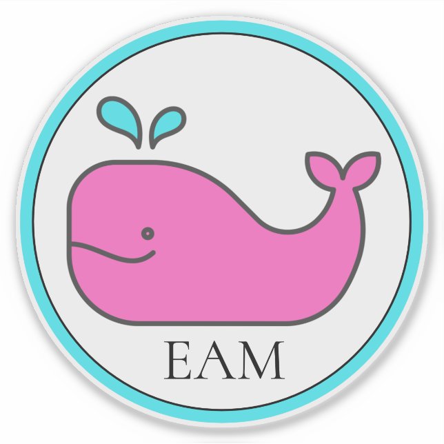 Preppy Nautical Pink and Aqua Whale Monogram Sticker (Front)