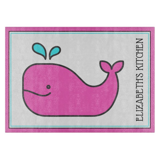 Preppy Nautical Pink and Aqua Whale Personalized Cutting Board (Front)