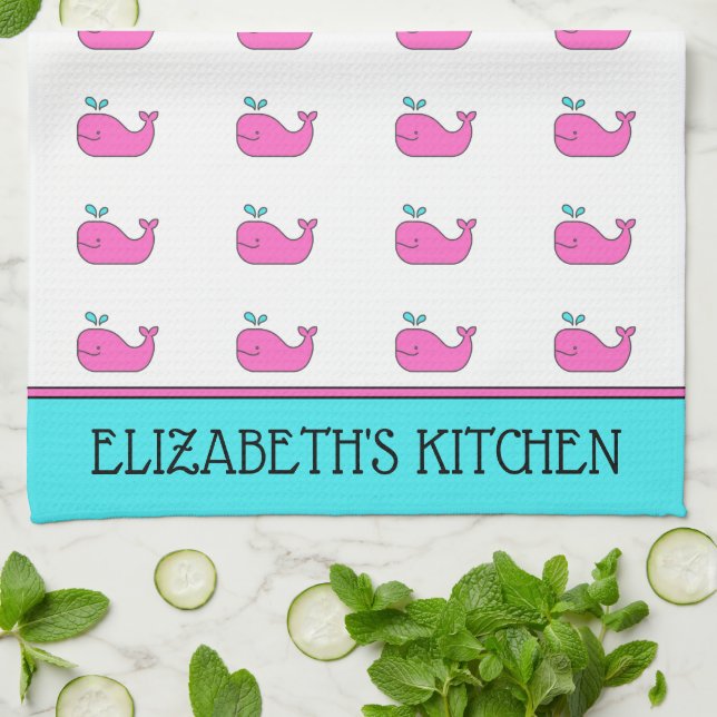Preppy Nautical Pink and Aqua Whale Personalized Kitchen Towel (Folded)