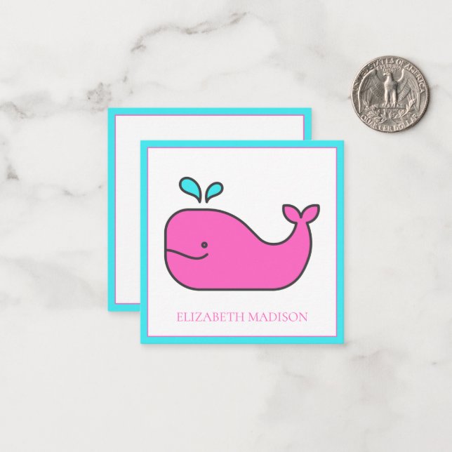 Preppy Nautical Pink and Aqua Whale Personalized Note Card (Front/Back In Situ)