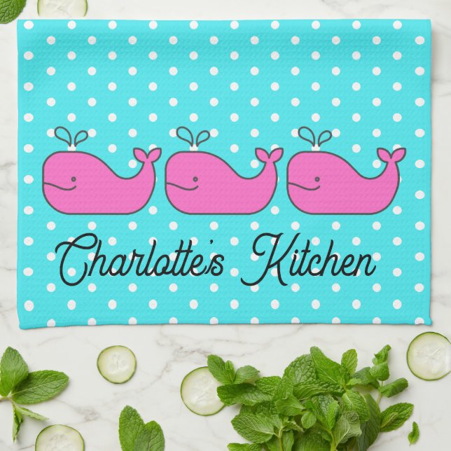 Preppy Nautical Pink and Aqua Whales Kitchen Towel (Folded)