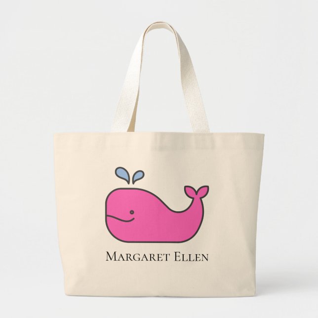 Preppy Nautical Pink and Blue Whale Personalized Large Tote Bag (Front)