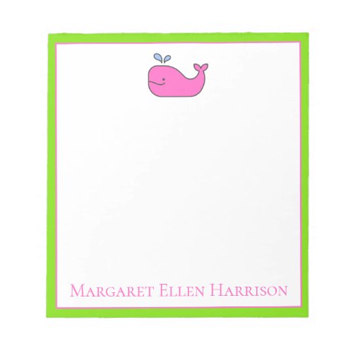 Preppy Nautical Pink and Green Whale Personalized Notepad