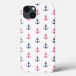 Preppy Nautical Pink &amp; Navy Anchor Pattern iPhone 13 Case