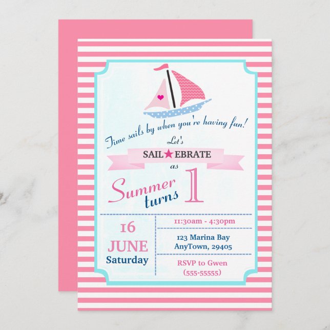 Preppy Nautical Pink Sail Away Birthday for Girl Invitation (Front/Back)