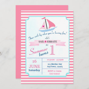 Preppy Nautical Pink Sail Away Birthday for Girl Invitation
