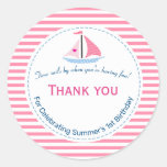 Preppy Nautical Pink Sail Away Birthday Thank You Classic Round Sticker at Zazzle