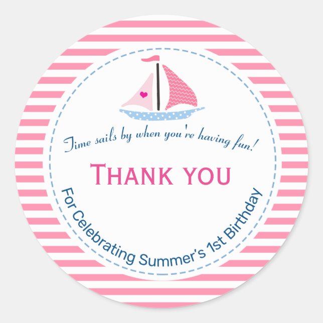 Preppy Nautical Pink Sail Away Birthday Thank You Classic Round Sticker (Front)