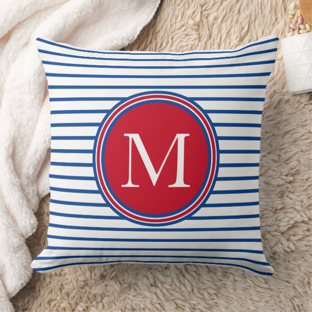 Preppy Nautical Red White and Blue Stripe Monogram Throw Pillow (Blanket)