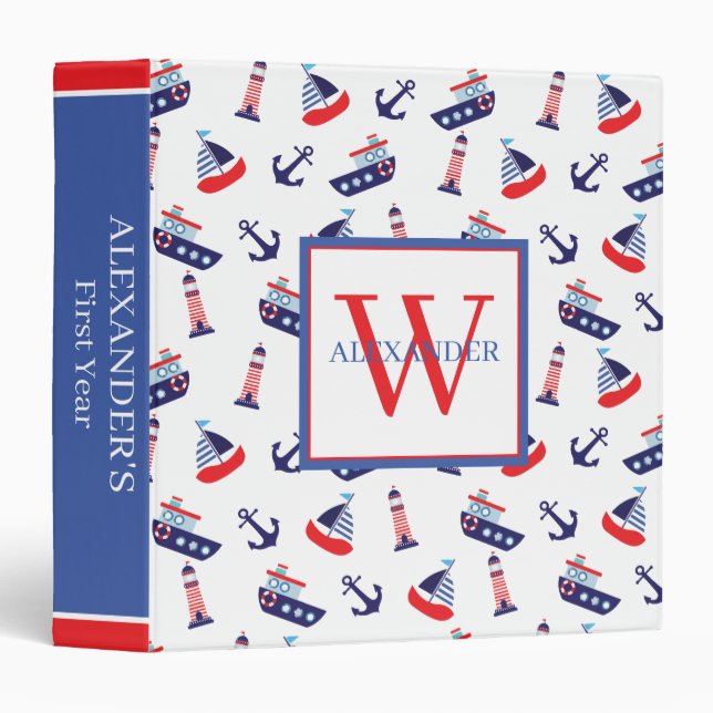 Preppy Nautical Sailboats Monogram Memory 3 Ring Binder (Front/Spine)