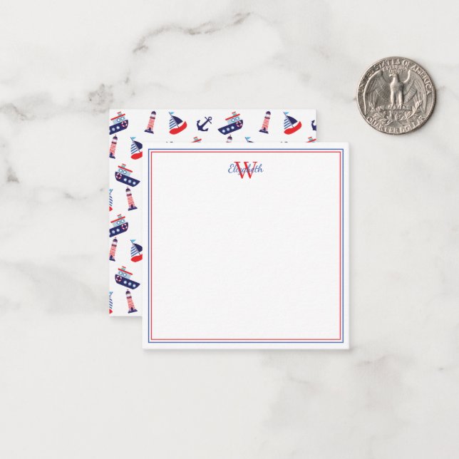 Preppy Nautical Sailboats Monogram Note Card (Front/Back In Situ)